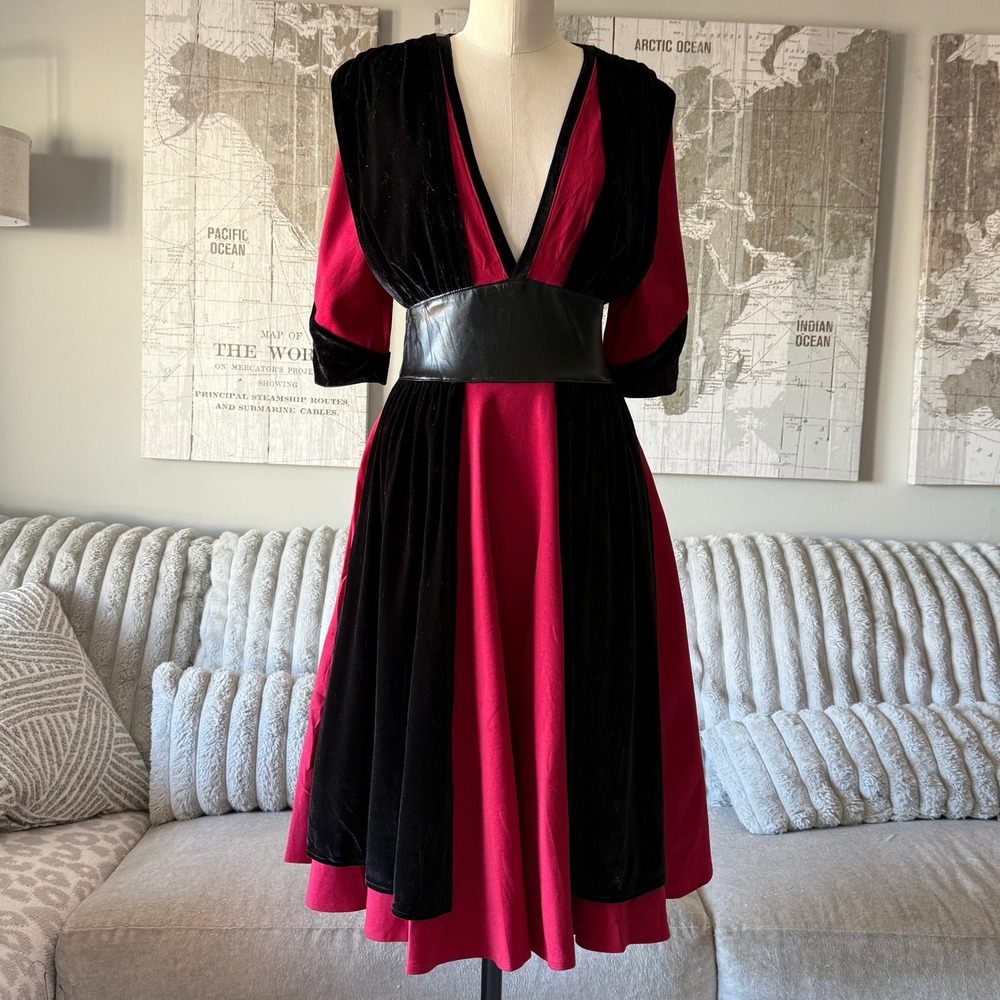 Elhoffer Design Galactic Empress Red Black Velvet Vinyl Midi Dress Womens Medium